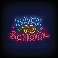 Neon Sign back to school with Brick Wall Background Vector
