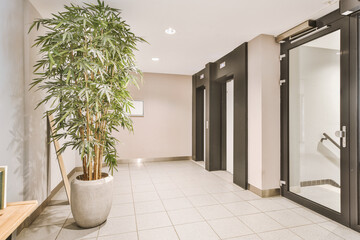 Shiny elevator with opened door located in illuminated hall of contemporary apartment building with...