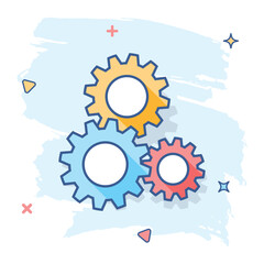 Cartoon gear icon in comic style. Gearwheel illustration pictogram. Cogwheel splash business concept.