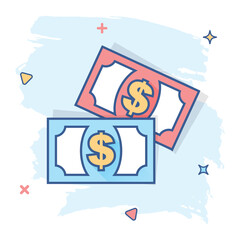 Cartoon money icon in comic style. Dollar money sign illustration pictogram. Coin splash business concept.