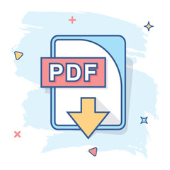 Cartoon PDF file icon in comic style. PDF download sign illustration pictogram. Document splash business concept.
