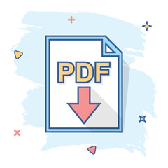 Cartoon PDF icon in comic style. Document illustration pictogram. File sign splash business concept.