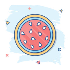 Cartoon watermelon icon in comic style. Juicy ripe fruit sign illustration pictogram. Dessert splash business concept.