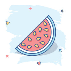 Cartoon watermelon icon in comic style. Juicy ripe fruit sign illustration pictogram. Dessert splash business concept.