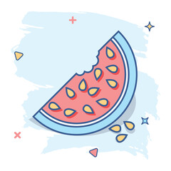 Cartoon watermelon icon in comic style. Juicy ripe fruit sign illustration pictogram. Dessert splash business concept.