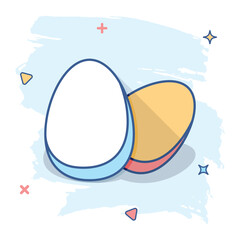 Cartoon egg icon in comic style. Eggshell sign illustration pictogram. Chicken splash business concept.