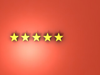 五ツ星のアイコン。赤い壁面に飾られた三つの金色の星。高得点と高評価のシンボル。3Dレンダリング。