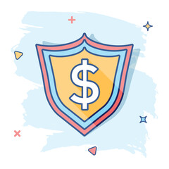 Vector cartoon shield with money icon in comic style. Shield sign illustration pictogram. Dollar business splash effect concept.