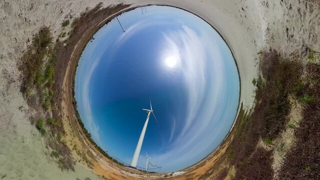 Wind Turbine Power Generators At Sea Coastline. Alternative Renewable Energy. Sri Lanka.