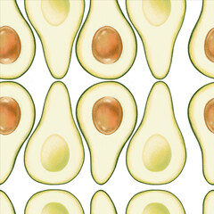 Pattern with halfs avocado on white background