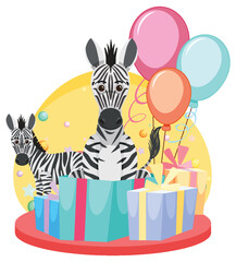 Two zebras with gift boxes and balloons