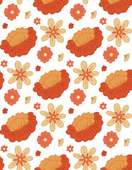 Obraz premium Vector seamless retro pattern with red groovy flowers on white background with ditsy. Floral old fashioned background for fabrics and wallpapers.