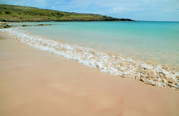 Anakena Beach with White Coral Sand and Amazing Turquoise Blue Pacific Ocean, Easter Island, Chile, South America