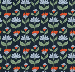Vector seamless pattern with blue groovy flowers on stems and foliage on dark blue background. Nature retro floral texture for fabric.