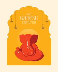 'Happy Ganesha Chaturthi' Hindi text and Ganesha illustration vector with a background of Indian festival for banner, template, post, and invitation card design - obrazy, fototapety, plakaty