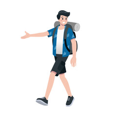 Young happy man tourist flat cartoon character. Traveling male people on summer vacation trip, Isolated on white background.