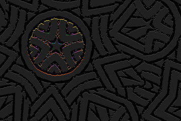 Embossed black background, ethnic cover design. Geometric shiny 3D monogram pattern, doodling ornaments. Tribal handmade art of the East, Asia, India, Mexico, Aztecs, Peru. 