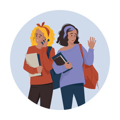 Students, schoolchildren, teenagers. Girlfriends with notebooks and briefcases. The girl is talking on the phone. Back to school. Vector image.