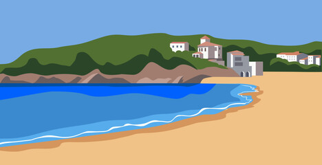 Mediterranean landscape with mountain and white town flat style vector illustration - 521582595