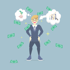 businessman standing with growth graph and falling, floating money, thinking about saving money concept, flat vector illustration character cartoon design clip art