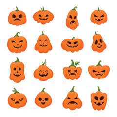 Halloween October pumpkins. Happy jack lantern smile face, fun fear holiday. Different forms vegetables. Funny and evil eyes and mouth, holiday decorative elements. Vector cartoon flat set