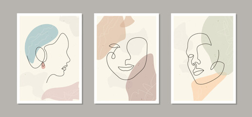 Set of Abstract minimalistic women faces and elegant art background with different shapes for print, cover, wallpaper. Trendy linear style and natural wall decoration art. Female Vector illustrations.