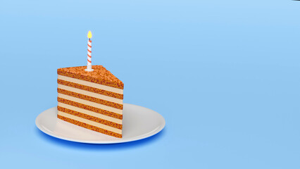 Birthday cake with candle. Stylized 3d illustration.