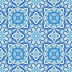 Blue white watercolor azulejos tile background. Seamless coastal geometric floral mosaic effect. Ornamental arabesque all over summer fashion damask repeat