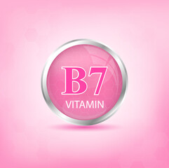 Vitamin B7 icon structure pink substance. Personal care, beauty concept. Medicine health symbol of thiamine. Drug business concept. Vector Illustration. 3D Vitamin complex with chemical formula