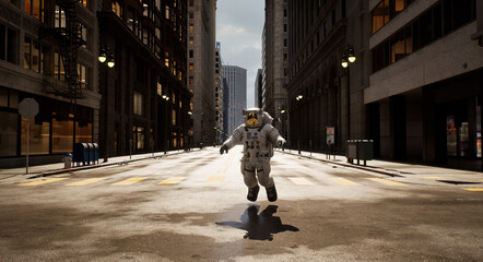 Spaceman alone in an empty city street