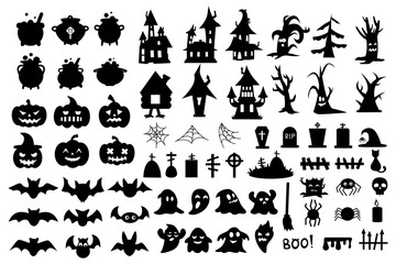 Halloween silhouette set. Ghost bat, black spooky web, wizard houses. Scary tombstone and grave fence, witch cauldron. Fear party celebration decor, horror objects. Vector illustration icon