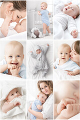 Stylish collage with photos of cute funny little babies and moms. Happy maternity leave. Set of...