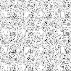Seamless halloween pattern. Halloween background with doodle halloween icons