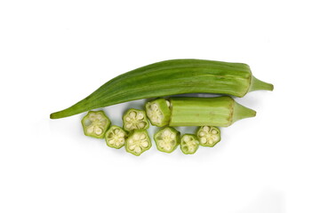 Fresh green okra slices isolated. Fresh okra fruits slices (abelmoschus esculentus) isolated on white background