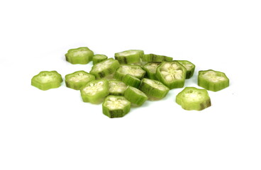 Fresh green okra slices isolated. Fresh okra fruits slices (abelmoschus esculentus) isolated on white background