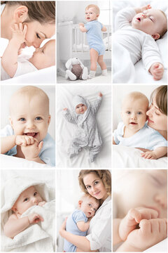Stylish collage with photos of cute funny little babies and moms. Happy maternity leave. Set of pictures in a light style on a children's theme.