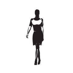 Business woman in short dress walking, abstract isolated vector silhouette, fashion model catwalk, front view