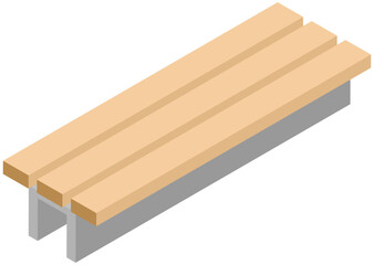 Wooden bench as long seat in public open space vector illustration. Seating area in park or office isolated on white yellow settle seating and meeting place, for relax. Garden outdoor furniture