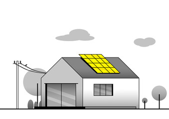 small white house with a solar panel on the roof, a voltage pole and a garden. black and white