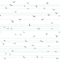 Seamless abstract pattern with black flying birds on white stripes.