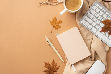 Autumn business concept. Top view photo of planner pen computer mouse keyboard cup of coffee yellow...