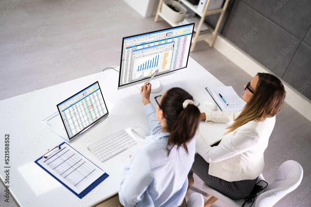 Poster analyst employee working on spreadsheet