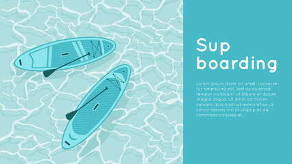 Sup board on water surface. Banner template. Surfboards set with paddle in the ocean or the blue sea. Vector illustration with water sport equipment. Aqua texture background in turquoise color. - obrazy, fototapety, plakaty