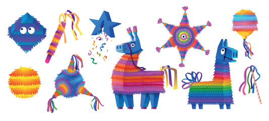 Funny Mexican horse pinata. Blue donkey with heart. Toys for Mexico holiday or birthday carnival. Paper figures. Confetti and ribbons. Striped colorful pony. Vector illustration set
