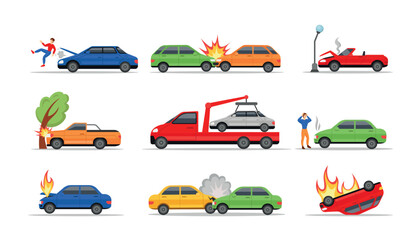 Car accident. Transport crash. Broken vehicle with damaged bumper. Road traffic or automobile crush. Repair of motor or wheel. Careless driving. Auto disasters set. Vector illustration