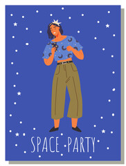 Naklejka premium Animators birthday party in cosmic style. Theme party in costumes. Dancing people in costumes have fun at space party. Characters in self made outfits surrounded by cosmic bodies, space disco poster
