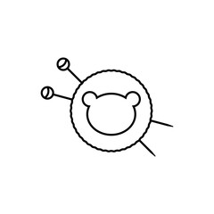 Knitting needles and ball of thread with plush toy illustration. Simple minimal logo design. Vector illustration on white background.