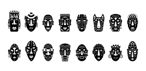African masks. Black silhouette set. Ritual ancient symbols of african, aboriginal faces with tattoo, tribe people heads, zulu human drawing. Cult isolated elements. Vector cartoon illustration - obrazy, fototapety, plakaty