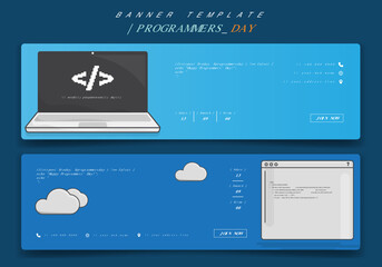 Banner design with laptop and coding page in cartoon design for programmers day design