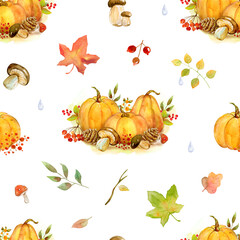 Obraz na płótnie Canvas Autumn watercolor seamless pattern with pumpkins and autumn treasures on a white background. For Thanksgiving card or wrapping.